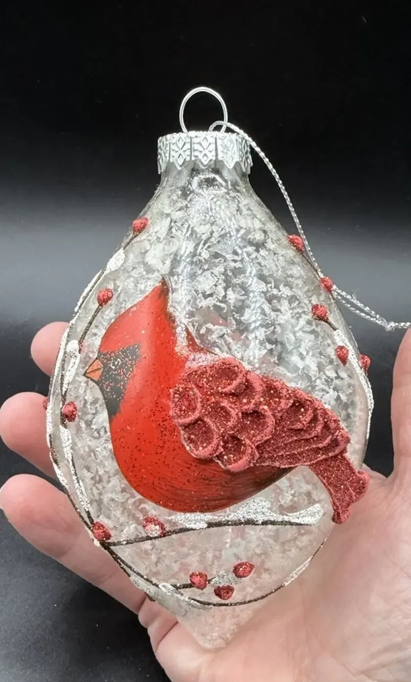 Pier 1 Hand Blown Glass Red Cardinal Tear Drop Christmas Ornament -Lo16